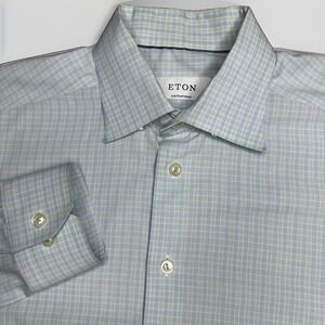 Eton Contemporary Fit Dress Shirt Mens 16 Blue Check Long Sleeve Non-Iron Cotton